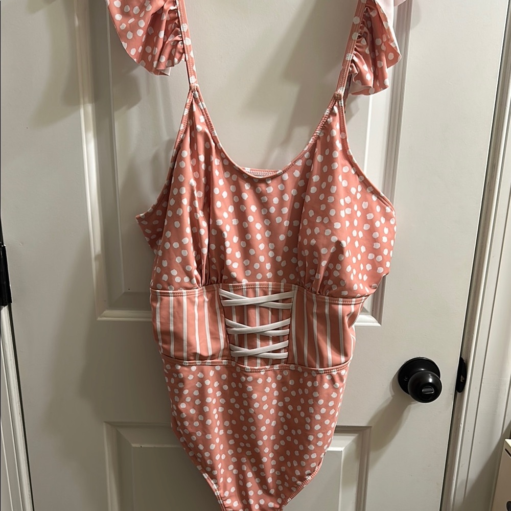 Pink Polka Dot Swimsuit with Ruffle Straps